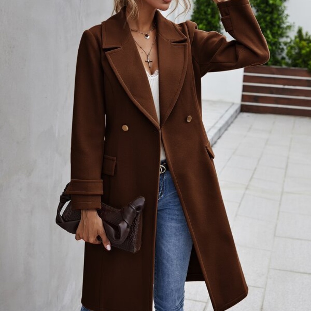 Cozy Black Button up Trench Pea Coat Minimalist - Picture 9 of 14